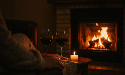 Intimate Wine Moment by the Fireplace

