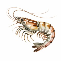 A vector watercolor illustration of a shrimp against a pure white background