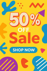 Vibrant 50% off sale poster with bold text and colorful abstract background. Eye-catching design perfect for promotions, advertising, and seasonal sales campaigns.