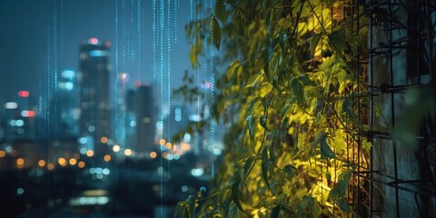 Night Cityscape with Lush Greenery and Digital Data Overlay