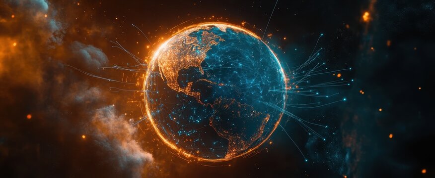 Mysterious cosmic sphere amidst intricate digital network