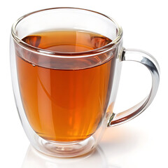 A clear glass mug filled with amber liquid sitting on a white surface with a handle on the right side