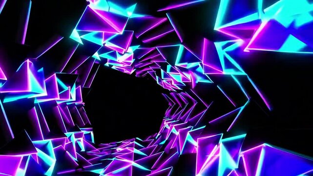 Abstract neon triangle tunnel background with blue and purple illumination