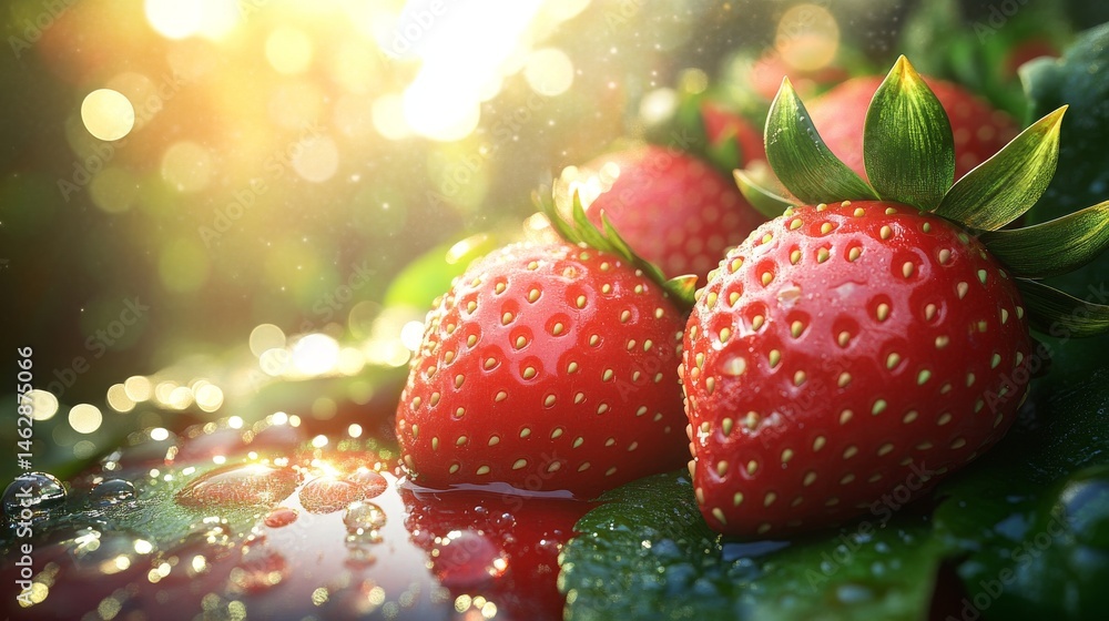 Poster the image features a close-up of fresh strawberries that have ripened on the vine, emphasizing their