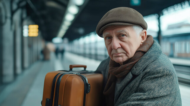 Elderly man with suitcase waiting at train station platform, perfect for travel themes, nostalgia visuals, and senior journey or adventure promotions