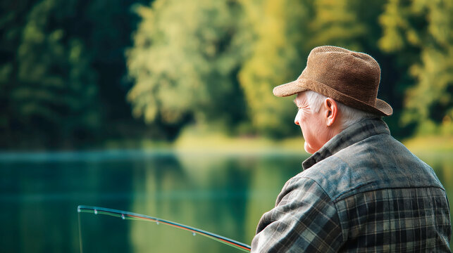 Elderly man fishing alone by tranquil lake surrounded by trees, perfect for retirement lifestyle, peaceful outdoor activities, and leisure visuals
