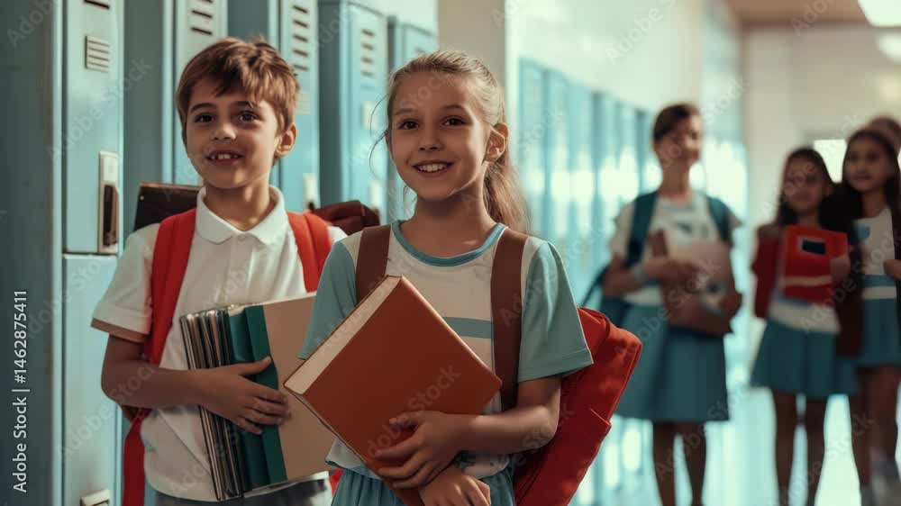 Poster Two students are walking in front of lockers. The children are smiling and have books and backpacks. Other children are walking in the background as they are also heading to class.