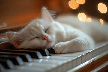Adorable white cat sleeping peacefully on a piano keyboard with soft bokeh lights