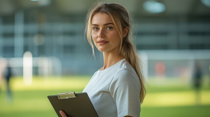Confident young woman coach holding clipboard on football field outdoors, ideal for team management, sports leadership, coaching visuals, and athletic promotions