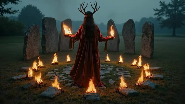 Celtic Goddess Brigid Surrounded by Sacred Flames and Ancient Standing Stones

