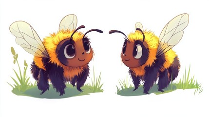 Fototapeta premium A pair of cute cartoon bees, differing in size, with big eyes and warm smiles