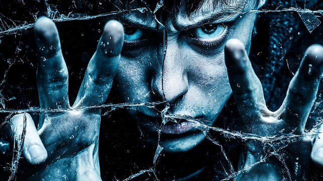 Intense, malevolent face behind shattered ice
