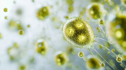 A 3D model illustrates a virus particle that is spherical in shape, vibrant green in color, and has spiky protrusions