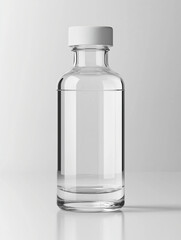 Naklejka premium Transparent glass bottle with white cap standing on white background