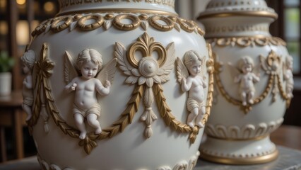 Elegant Ceramic Vases with Cherub Reliefs and Golden Accents, Decorative Home Decor, Antique Style