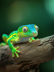 Vibrant green gecko resting on a branch in lush rainforest