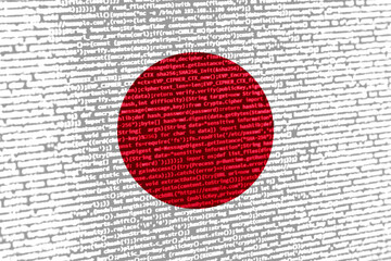 Flag of Japan over digital code. Concept of cybersecurity, innovation, and digital infrastructure in Japan. Modern tech development trends in Japan. Programming, digital sovereignty and site developm