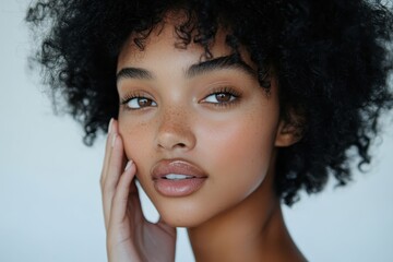 Beautiful young woman poses with elegant expression in natural light, showcasing flawless skin and minimal makeup for a fresh and vibrant look