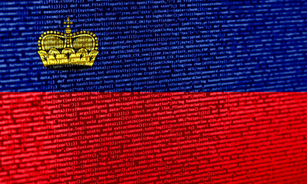 Flag of Liechtenstein over digital code. Concept of cybersecurity, innovation, and digital infrastructure in Liechtenstein. Modern tech development trends in Liechtenstein. Programming, digital sover