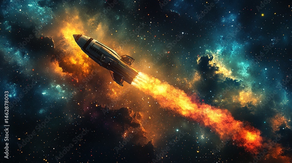 Poster rocket launch into the cosmic abyss outer space digital art vibrant nebula dramatic viewpoint advent