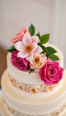 wedding cake with pink and pink flowers on top