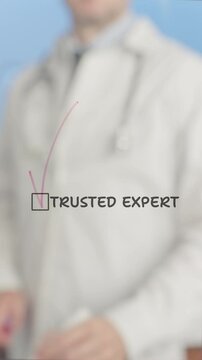 Medical professional wearing lab coat and stethoscope checking trusted expert checkbox on transparent board against blue background, representing healthcare expertise and credibility