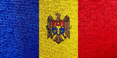 Flag of Moldova over digital code. Concept of cybersecurity, innovation, and digital infrastructure...