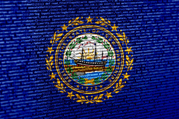 Flag of New Hampshire over digital code. Concept of cybersecurity, innovation, and digital infrastructure in New Hampshire. Modern tech development trends in New Hampshire. Programming, digital sover