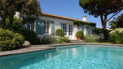 Beautiful Stone Villa with Green Shutters and Crystal Clear Pool in a Lush Garden Paradise