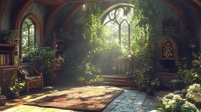 Enchanting garden room interior cozy cottage natural light lush greenery tranquil atmosphere