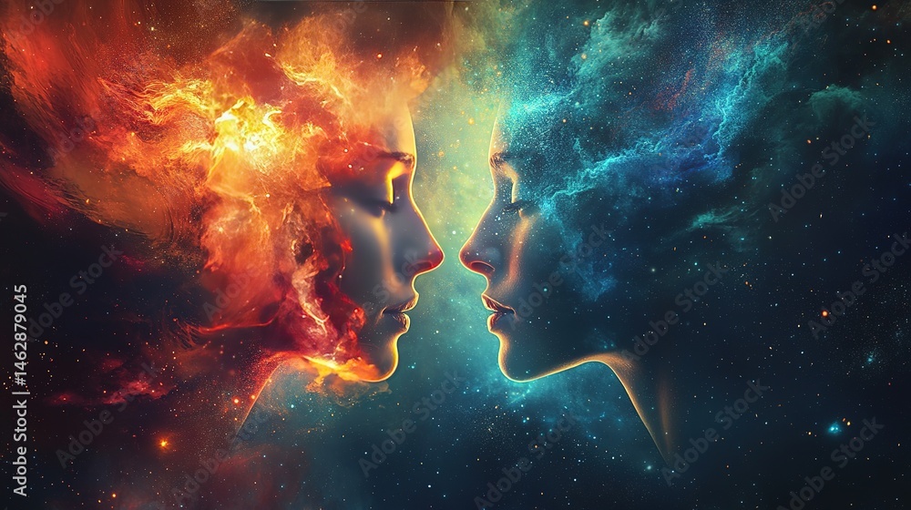 Poster cosmic encounter of duality abstract universe digital art mystical space side view celestial harmony