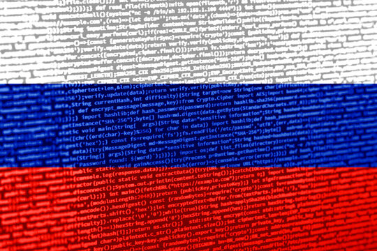 Flag of Russia over digital code. Concept of cybersecurity, innovation, and digital infrastructure in Russia. Modern tech development trends in Russia. Programming, digital sovereignty and site devel