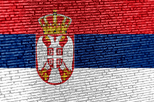Flag of Serbia over digital code. Concept of cybersecurity, innovation, and digital infrastructure in Serbia. Modern tech development trends in Serbia. Programming, digital sovereignty and site devel - Powered by Adobe