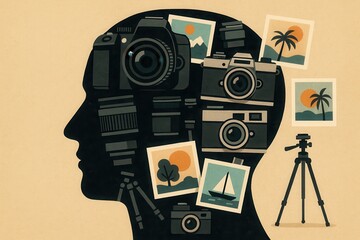 Fototapeta premium Creative exploration of photography and inspiration within a unique silhouette, showcasing vintage cameras and vibrant images