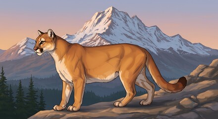 Mountain Lion in Front of Snowy Peaks Illustration
