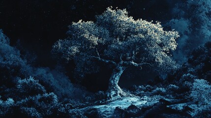 Majestic tree glowing under stars in enchanted forest nature photography nighttime tranquil atmosphere