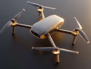 Modern wet golden drone resting on dark surface