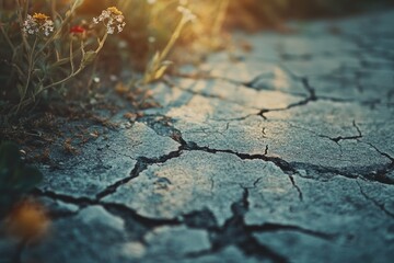 Obraz premium Delicate wildflowers bravely bloom amidst cracked, dry earth, a testament to resilience in harsh conditions.