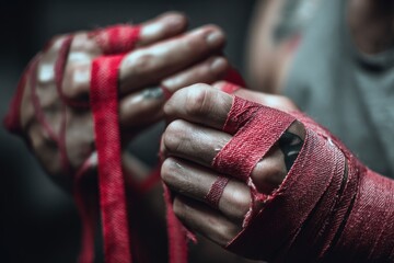 Fighter wrapping hands with red tape before a match