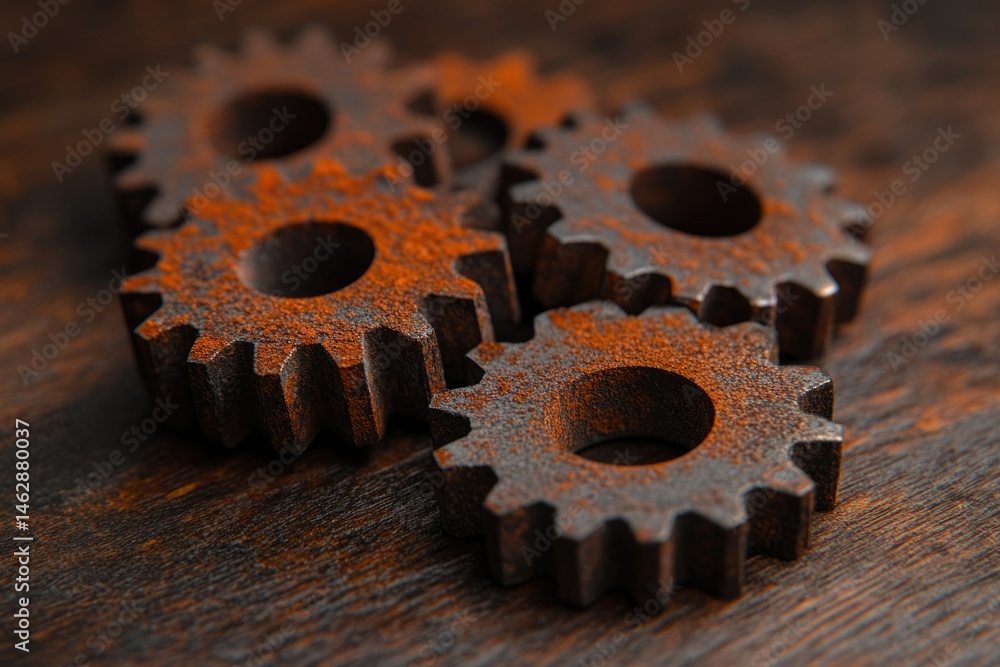 Poster three rusty cogwheels interlock on a dark wooden surface, signifying teamwork and intricate mechanic