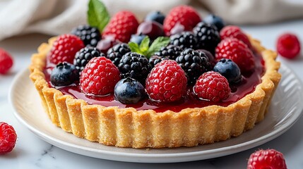 Fresh berry tart, bursting with juicy raspberries, blackberries, blueberries, and cherries, topped with a glossy red glaze