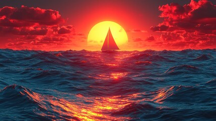 Sailboat in ocean at sunset with red sky