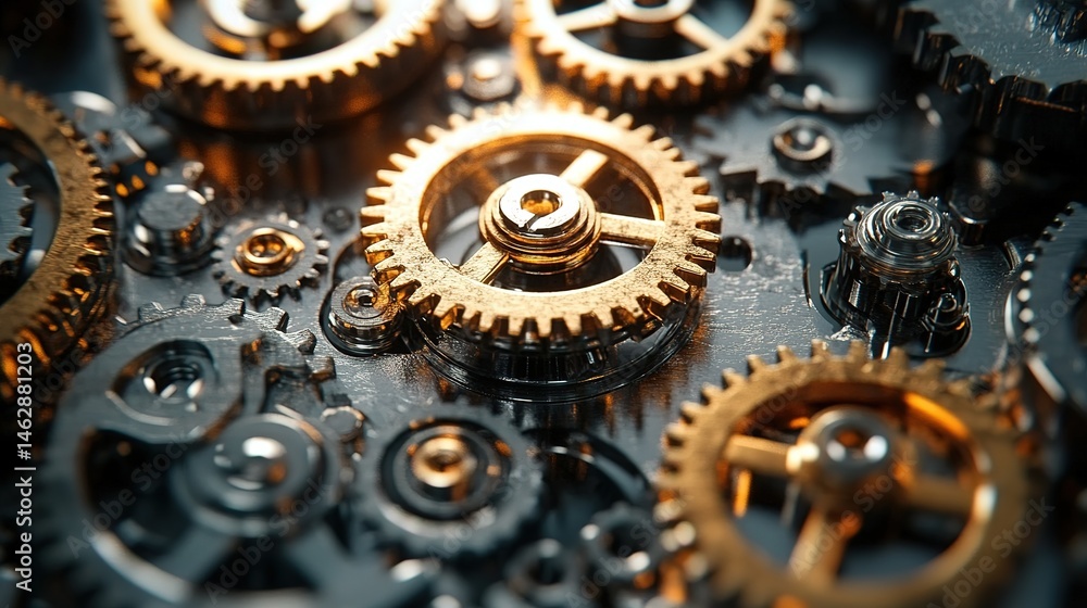 Poster mechanical movement displaying intricate gears and cogs industrial setting close-up abstract art bea