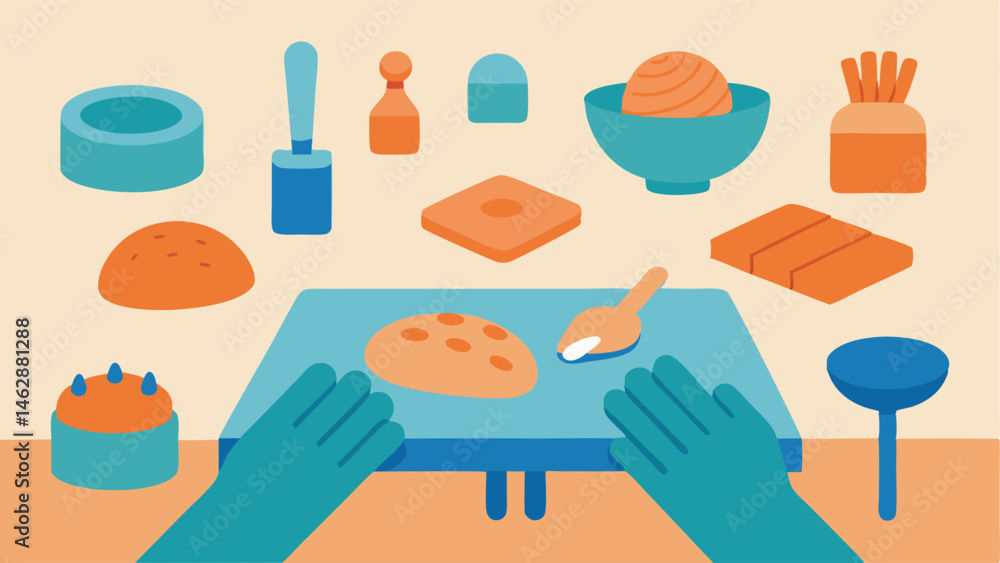 Poster interactive clay molds a table full of soft clay molds in various shapes and sizes. hands pressing i