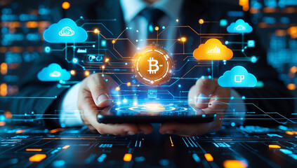 Fototapeta premium Bitcoin Cloud Technology: A businessman holds a smartphone displaying a bitcoin symbol surrounded by cloud computing icons, symbolizing digital currency and blockchain technology. 