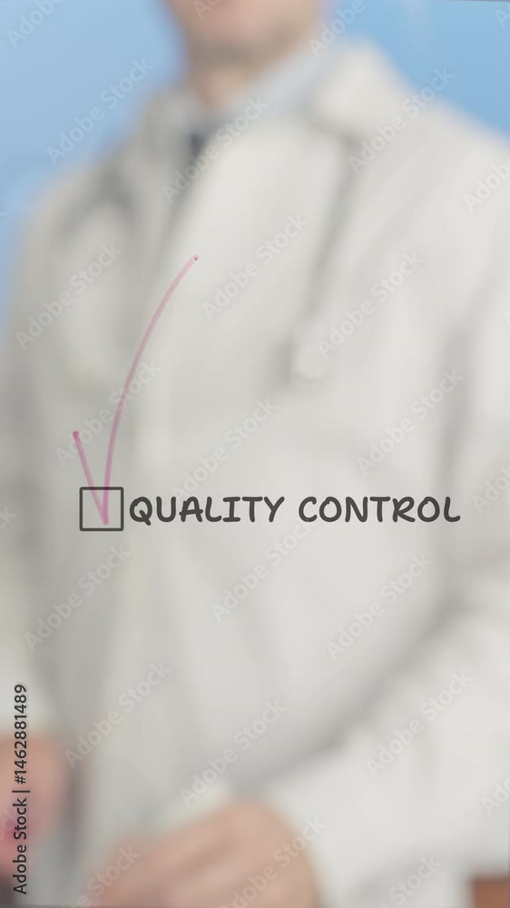 Poster medical professional in lab coat and stethoscope marking quality control checkbox on transparent boa