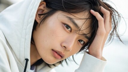 Fototapeta premium soft close up portrait of young person in white hoodie with hand on head illustration.