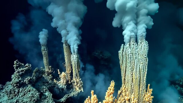Underwater hydrothermal vent field releasing mineral plumes