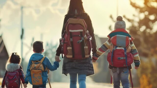 A mother accompanies her three young children to school, each wearing backpacks and holding hands. They are walking along a street lined with trees. A lovely scene depicting family and education.