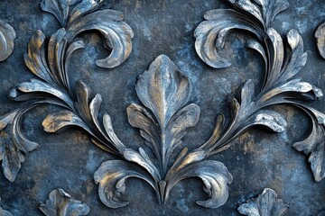 Decorative wall art featuring intricate black and orange patterns on a textured background in an urban setting at dusk